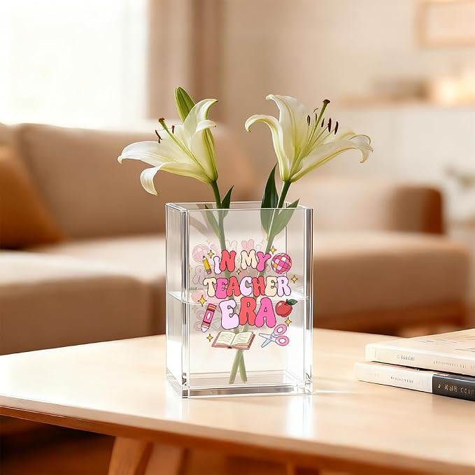 In My Teacher Era Acrylic Pen Holder Cosmetic Organizer, Funny Education Pencil Pen Holder for Desk, Desk Accessories Teacher Appreciation Gifts, Back To School Organizer for Education Scholar
