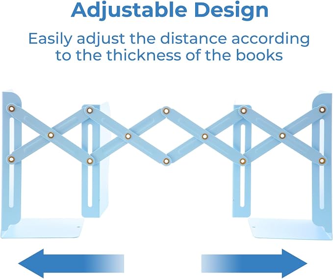 M&G Adjustable Bookends Book Ends for Shelves, Metal Bookend for Heavy Books, Desk Magazine File Organizer Holder Extends up to 20in, Book Stopper for Home, Office, Classroom (Blue)