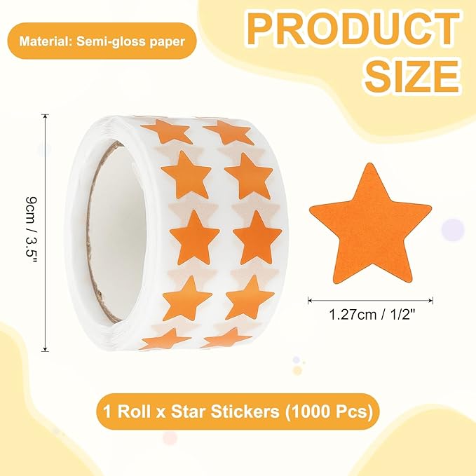 PATIKIL Star Stickers Roll 1/2", 1000 Pcs Self-Adhesive Reward Stickers Star Labels for Behavior Chart Classroom Teacher Supplies and DIY Craft, Orange
