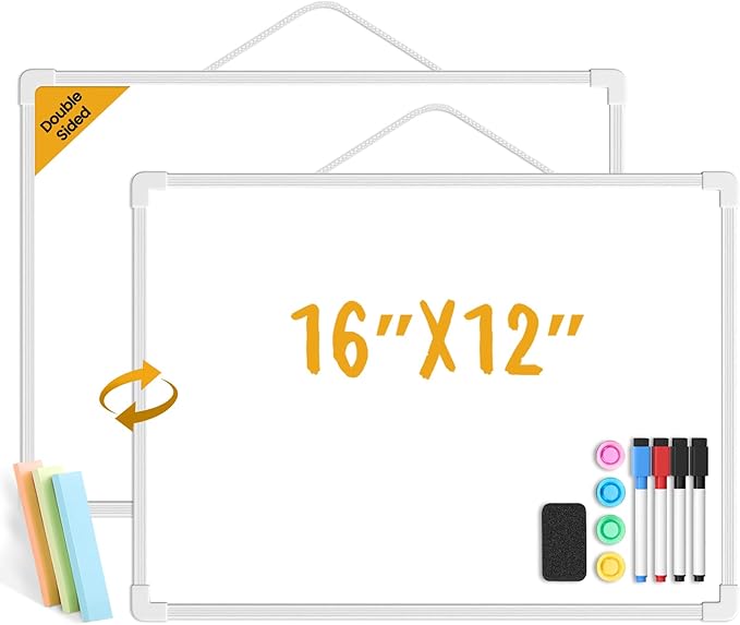 Small Dry Erase Board for Wall, 16" x 12" Double-Sided Hanging Whiteboard, Magnetic White Board with 4 Markers, 4 Magnets and 3 Mini Sticky Notes, Portable Whiteboard for Kids, School, Home, Office