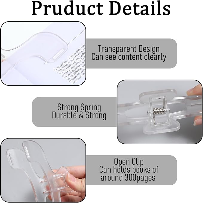 2PCS Journal Clip - Transparent & Blue Book Page Holder for Reading, Portable Journal Clips to Hold Open, Multifunctional Book Opener Holder, Books Reading Accessories for Teacher Clerk(Transparent)