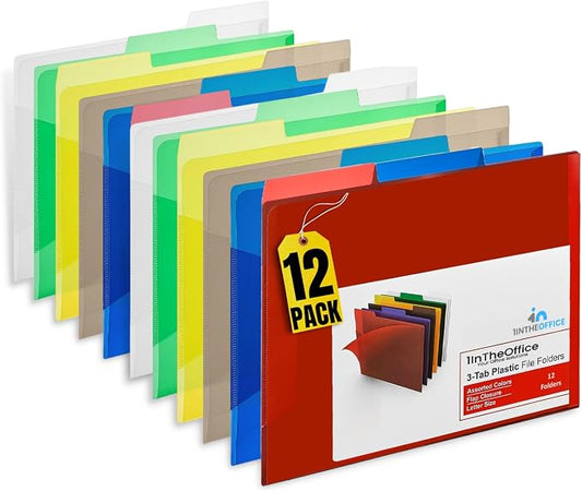 1InTheOffice Plastic File Folders, Poly File Folders, Translucent Poly File Folders, 1/3-cut, Top Tabs, Letter Size, Assorted, 12/Pack