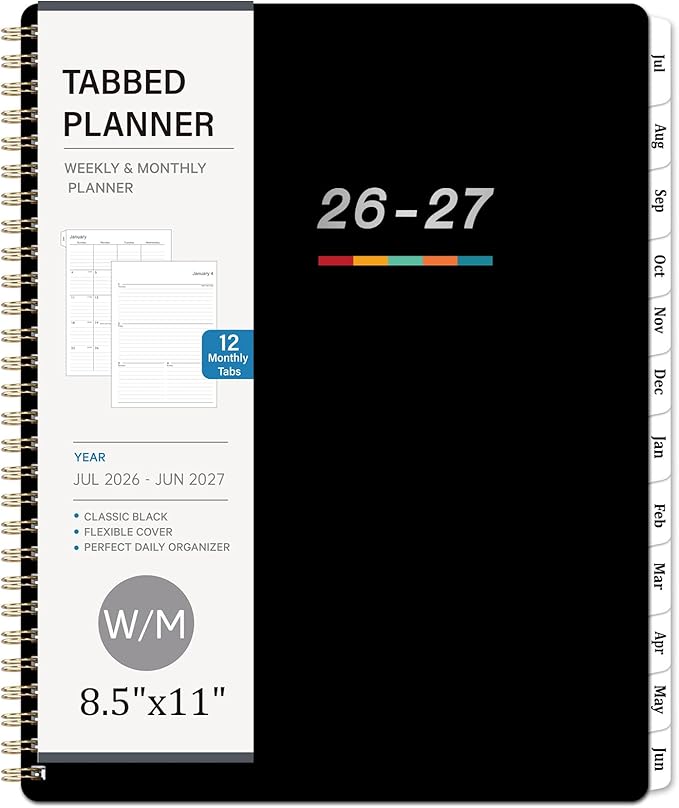 2026-2027 Planner – Jun. 2026 - Jul. 2027, 2026-2027 Planner Weekly and Monthly, 8.5" x 11", Academic Planner 26-27 with Monthly Tabs, Spiral Binding, Thick Paper - Classic Black