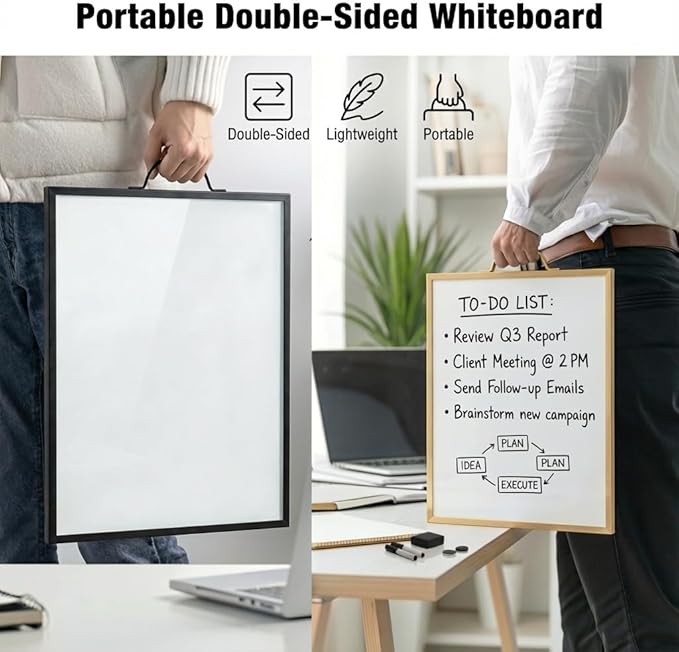 Black Magnetic Dry Erase Whiteboard 12 x 16 Double Sided, Portable Desktop Small White Board with Handle, to Do List Note Board, Write and Wipe for Desk Wall, Includes 2 Markers Eraser 2 Magnets