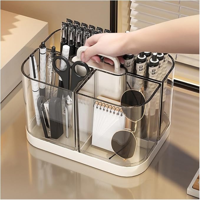 Hggzeg Pen Holder with Handle and Base, Stackable Transparent Desk Caddy 4 Compartments, Plastic Cosmetics Storage Organizer, for Art Supplies, Crafts, Colored Pencils, Stationery, Markers (White)