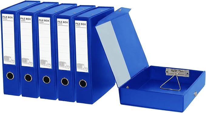 6 Pack Foldable Plastic Box Files A4 with Metal Clip,65mm Spine,Document Archive Folders for Office（Blue）