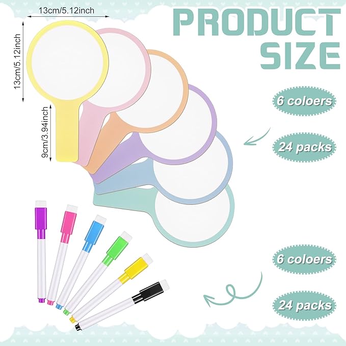 Henoyso 48 Pcs Dry Erase Answer Paddle with Markers Handheld Double Sided Paddles Colorful Flip Answer Dry Erase Paddles White Boards for Students Kids Score Boards Teacher(Round Simple)