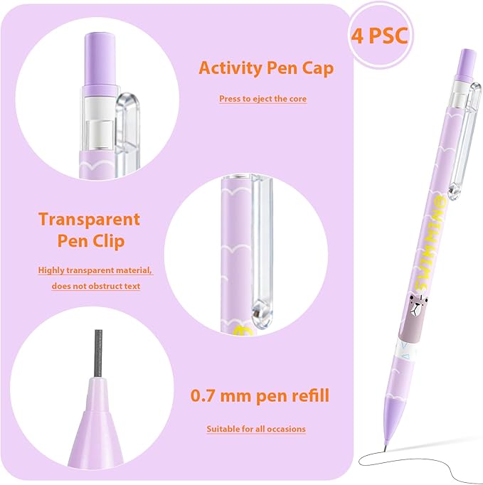4Pcs Cute Animal Mechanical Pencils with Eraser 0.7mm Kawaii Cartoon Mechanical Pencil School Pencil for School Office Writing Draft Drawing