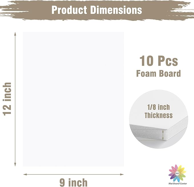 Mat Board Center, Pack of 10 Acid-Free Foam Boards, 9x12 inch White Foam Boards, 1/8" Thick