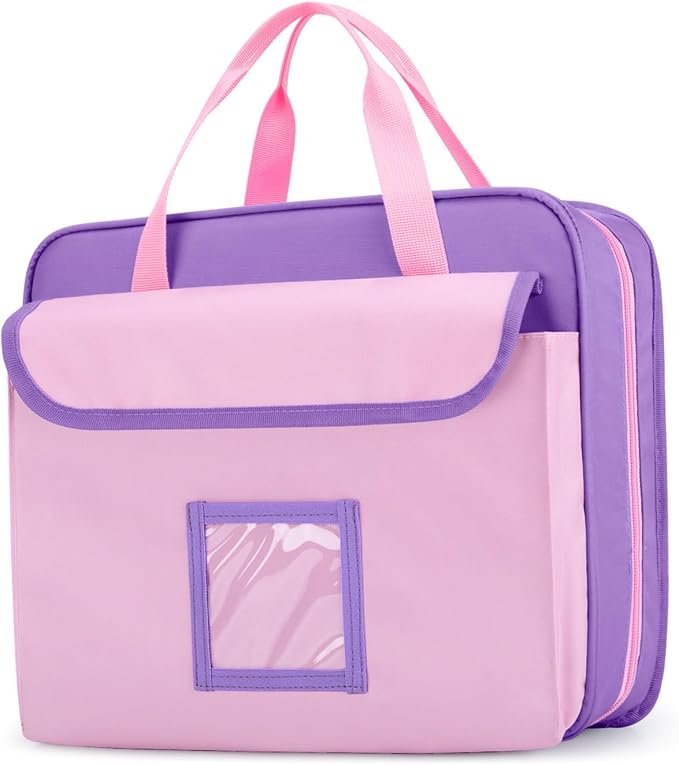 GRAOSO Zipper Document Bag for Boys and Girls, 9 Expandable Folders, Baby Portfolio Organizer Case with Customized Photo and Name Areas, Pink