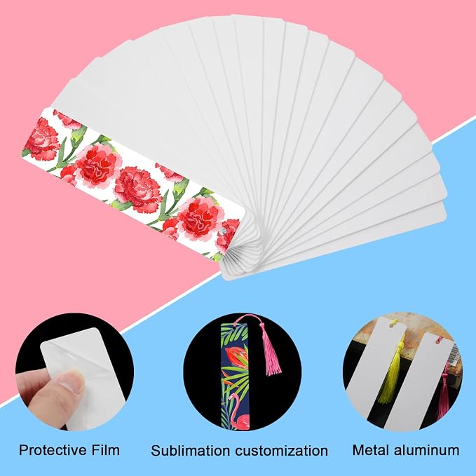 100 Pcs Sublimation Bookmark Blank 5.9""X1.5"" X0.65mm Heat Transfer Aluminum Metal Bookmarks Bulk DIY Bookmarks with Hole and Colorful Tassels for Crafts,Personalized Tassels Blank Bookmarks, White