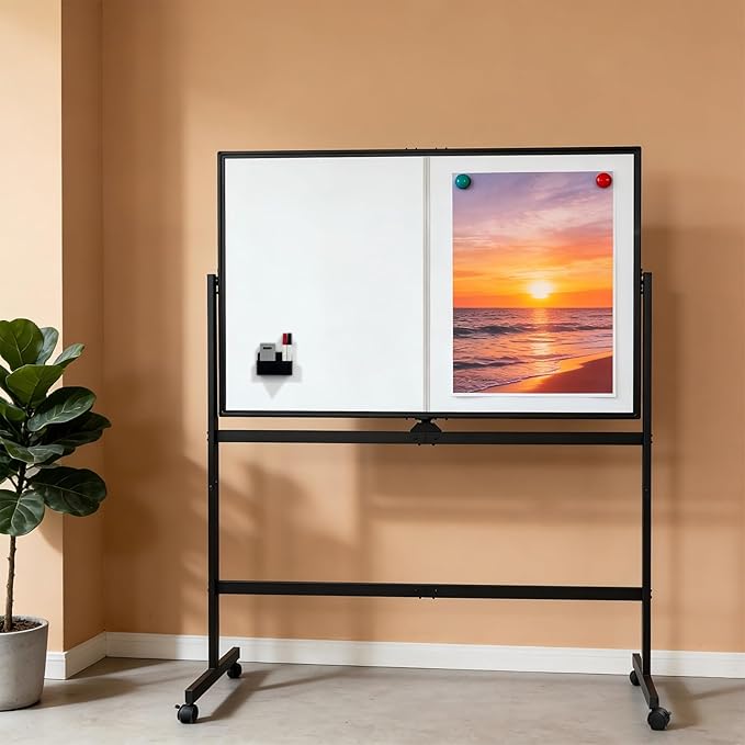Mobile Whiteboard 48” × 32” with Rolling Stand, Double Sided Dry Erase Board on Wheels, Adjustable Height & 360° Rotation, White Frame for Office Classroom Home