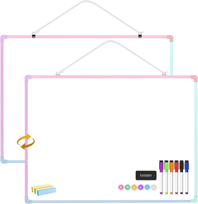 Dry Erase Board for Wall, 24" x 18" Double-Sided Hanging White Board with 6 Markers, 6 Magnets and 3 Mini Sticky Notes, Portable Whiteboard for Home, Office, School, Colorful Frame