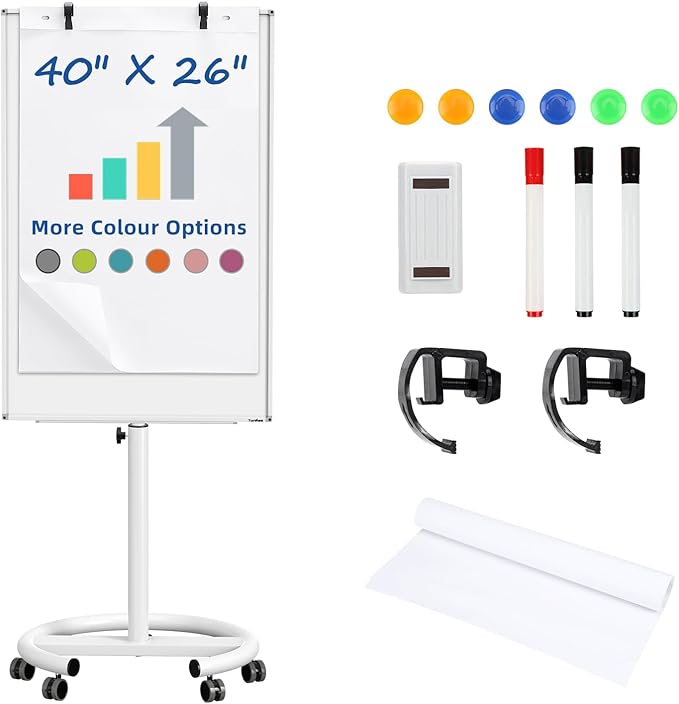 TANKEE Mobile Whiteboard on Wheels - 40'' x 26'' Portable Magnetic Standing White Board, Dry Erase Board with Stand, Flip Chart Easel for Classroom Teachers with Paper Pads
