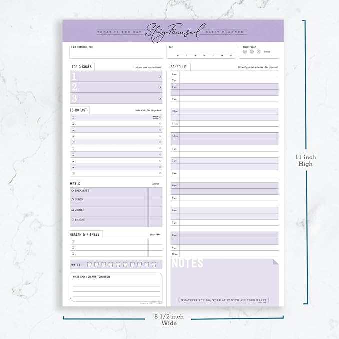 Daily Notepad Planner Schedule To Do List - Stay Focused 50 Tear Off Premium USA (Purple Taro)