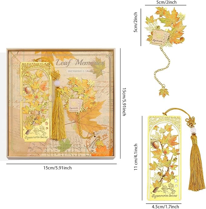 icceemee 2PCS Maple Leaf Theme Bookmark, Cute Bookmark for Women with Hollow-Out Square & Irregular Design, Natural Tassel Book Marks Set in Gift Box, for Book Lovers