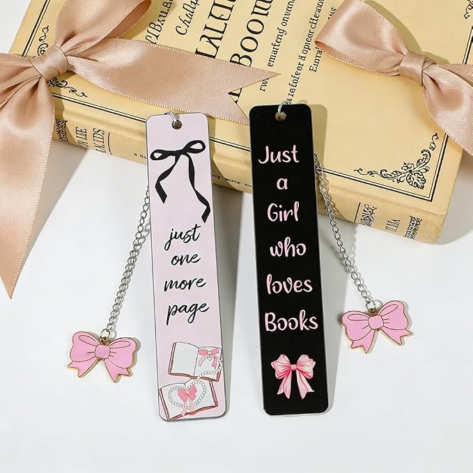 Pink Bow Metal Bookmark Gift Silver Chain Pendant with Bow for Women's Christmas Gift Book Lover Book Accessories School Supplies Office Stationery (Pink Bow Bookmark 2PCS)