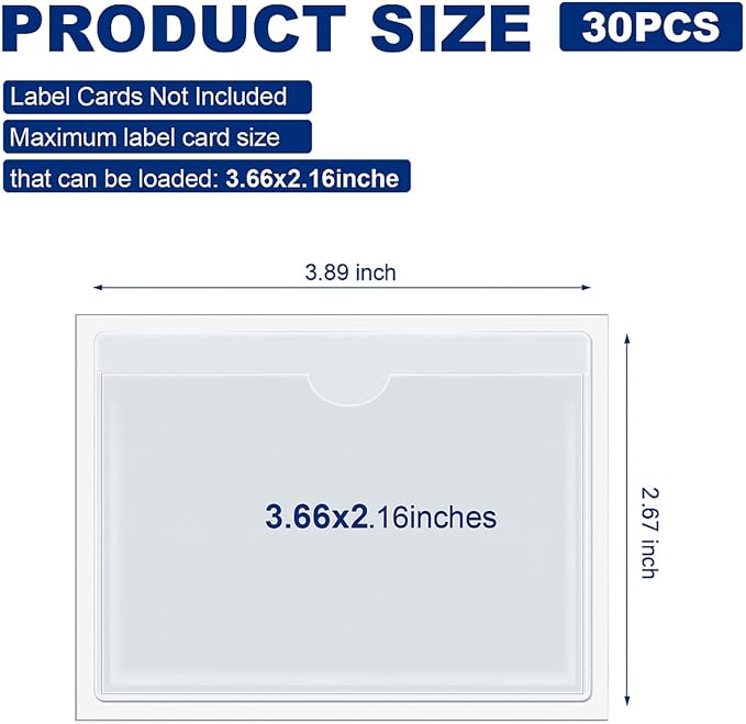 Chinco 30 Pcs Self Adhesive Pockets, Bin Labels for Storage Bins, Clear Pocket Label Sleeves, Plastic Index Card Holder with Top Open for Organizing Bins Box Drawer (3.89 x 2.67 Inch)
