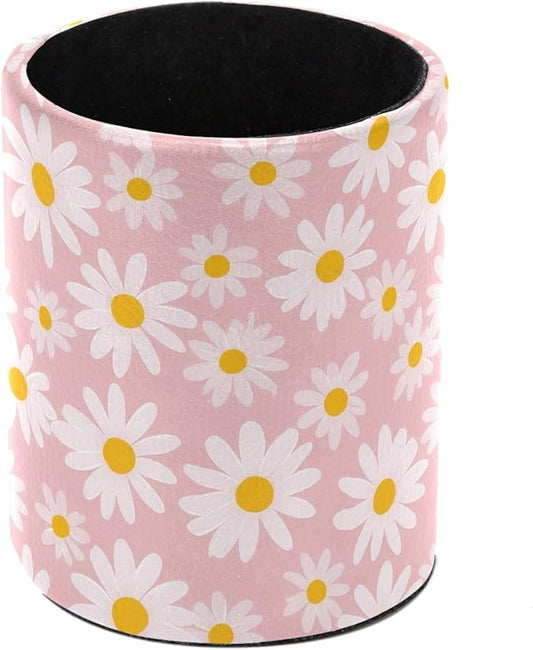 Cute Pink and Daisy Wildflowers Leather Pen Holder for Desk, Multifunctional Desktop Organizer Pencil Cup, Desktop Caddy Stationery Organizer for School Home Office Desk Accessories