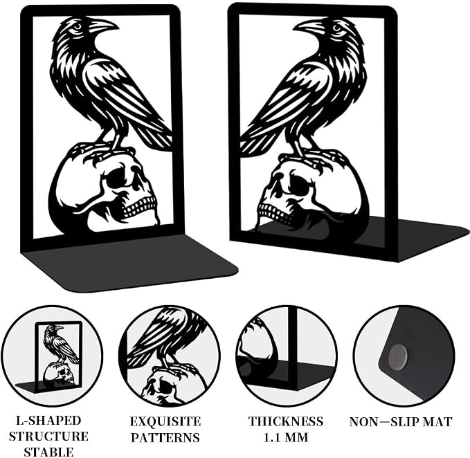 Raven and Skull Decor Gothic Metal Bookends for Shelves, Office Desk Organizer Book Ends for Heavy Books, Home Office Desk Bookshelf Decor Gift for Gothic Lovers and Reading Enthusiasts