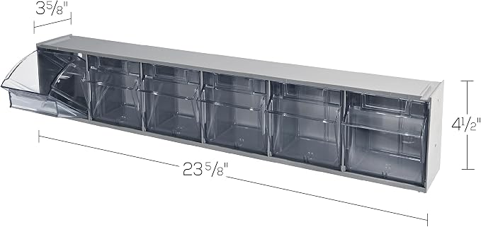 Deflecto Six-bin horizontal tilt bin storage system, 23-5/8w x 3-5/8d x 4-1/2h, Gray (20609B1PK)