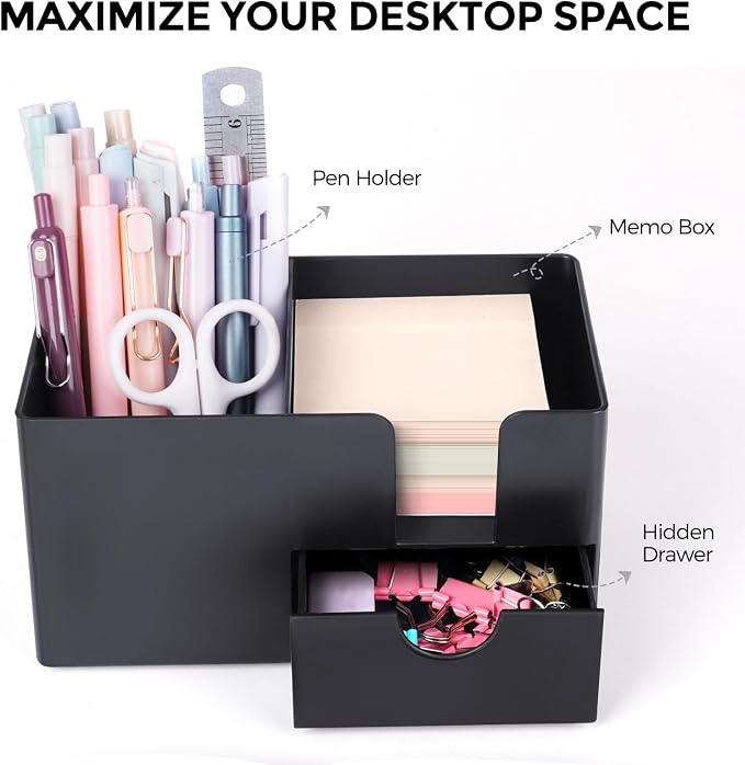 SKYDUE Small Desk Organizer with Drawer | 3 Compartments, Desk Pen Holder, For Home, School, Classroom & Office
