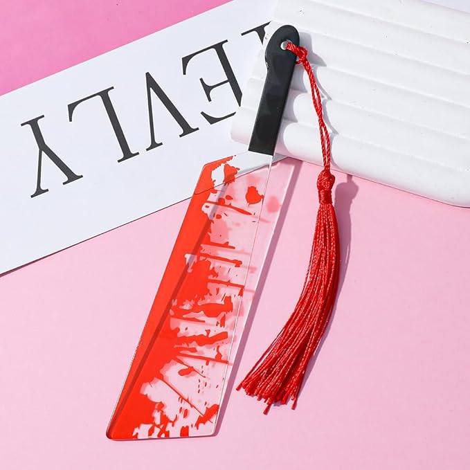 Horror Novelty Bookmark Set - Creepy Tool Shapes with Blood Stain Design, Gothic Book Accessories for Halloween Gifts, Macabre Metal Page Holders with Red Tassels (1pc Large Knives)