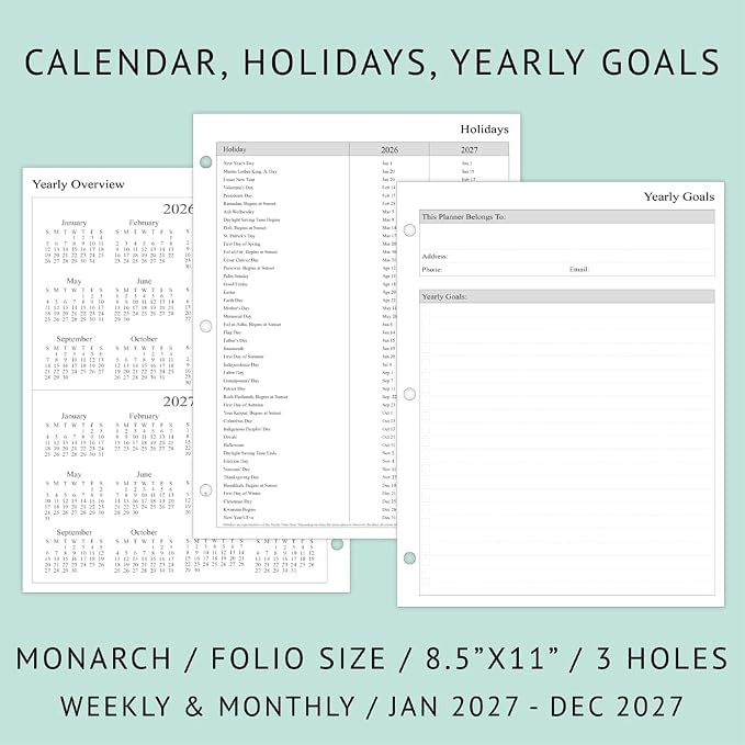 newestor 2027 Weekly Planner Refills for 3-Ring Binder with Monthly Tabs, Two Pages Per Week, 8-1/2" x 11", Folio Size 5 / Monarch