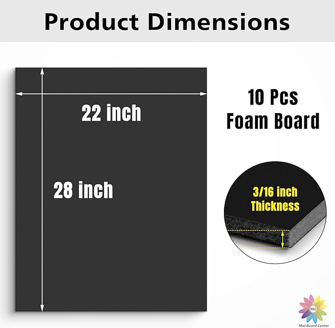 Mat Board Center Premium Black Foam Core Board - 22x28 Inches, 3/16" Thick - 10 Pack, Acid-Free - Ideal for Mounting, Crafts, Art, and Presentations