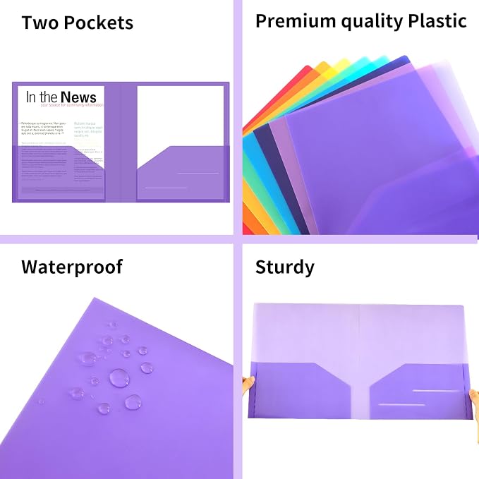 EOOUT Clear Folders with 2 Pockets, 24pcs Plastic Pocket Folders for Office Students and School, Letter Size, A4 Size, 8 Assorted Colors
