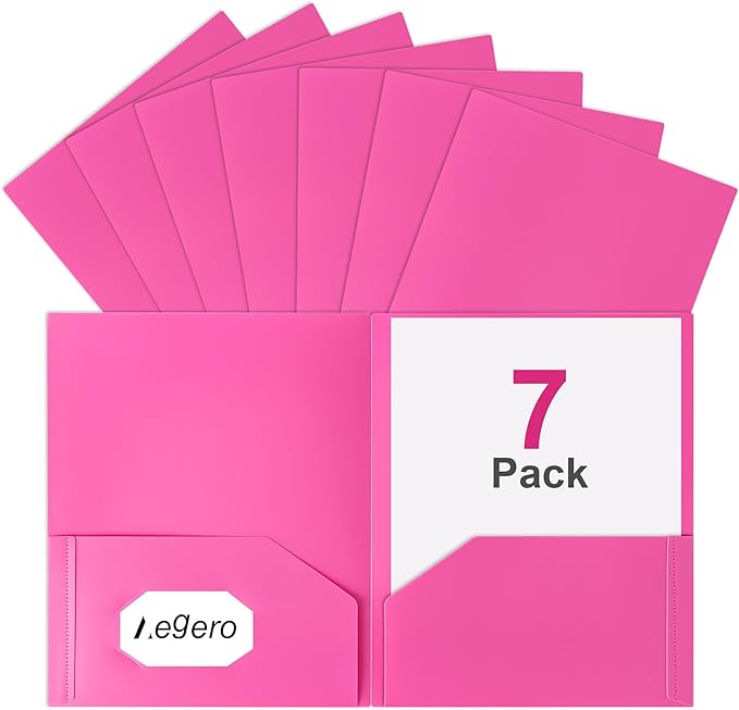 Aegero Plastic Folders with Pockets (7 Pack, Rosered), Durable Heavy Duty File Folders with Business Card Slot, 2-Pocket Folder for Schoolwork & Office,Letter Size