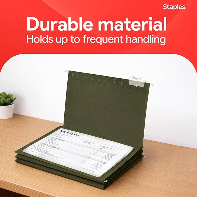 Staples Reinforced Hanging File Folders, Letter Size, 3" Expansion, Wide‑Capacity Box‑Bottom Design, Standard Green – 25/Pack