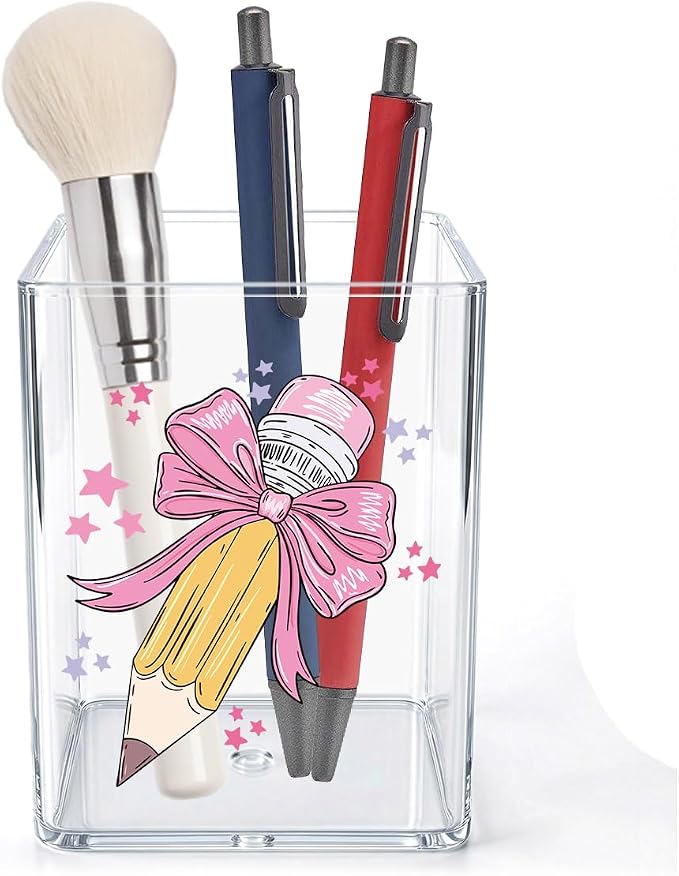 Pink Bow Girly Teacher Acrylic Cosmetic Pencil Pen Holder Cup Best Teacher Gifts Idea Yellow Pencil Cute Decor for Home Office Desk Vanity Organizers and Accessories
