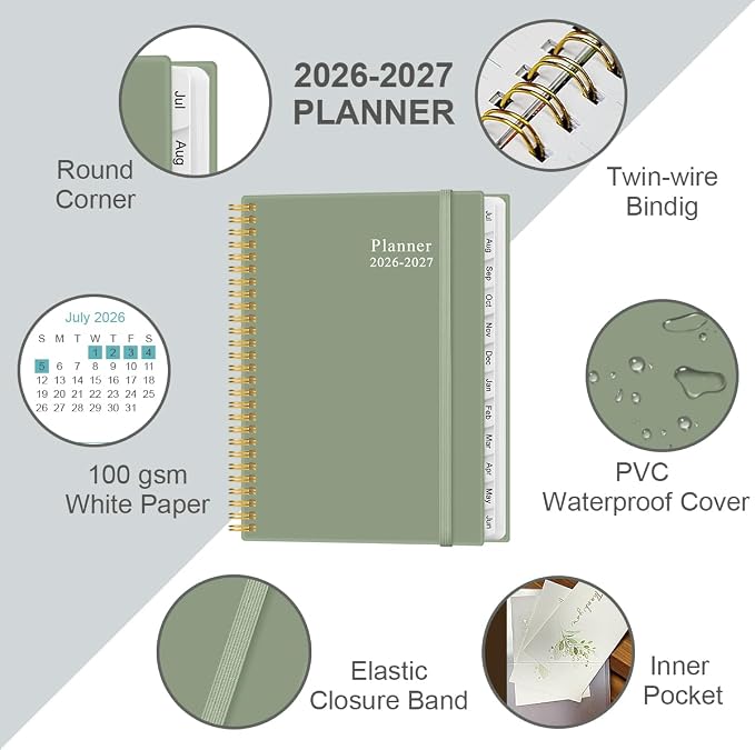 2026-2027 Planner - Academic Planner 2026-2027 from July 2026 to June 2027 with 12 Monthly Tabs, Flexible Cover, Inner Pocket, 8.5" x 11", Green