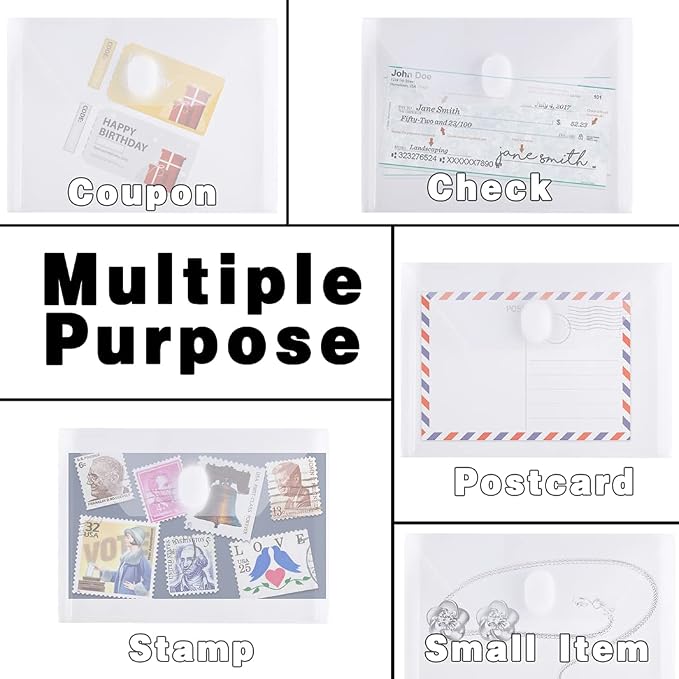 Anseal 24 Pack 5 x 7 Coupon Receipt Check Holder, Small Clear Plastic Envelope with Hoop & Loop Closure, Stamp and Die Storage Pockets for Cutting Dies Stencil Stamp Crafts