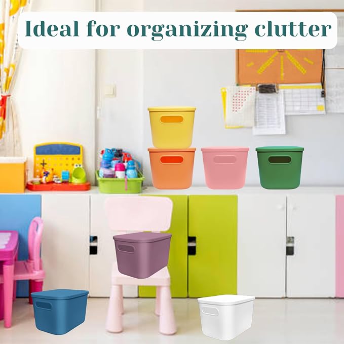 7 Pcs Plastic Storage Bins with Lid Colorful Storage Bins Small Desktop Storage Box Cubby Bins Stackable Storage Baskets for Office Classroom Kitchen Cabinet Shelf (10×7.1×6.2inch)