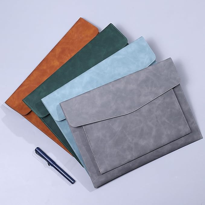 PU Leather A4 File Folder Document Holder with 2 Compartments Envelope Folder Case with Snap Closure for Receipt Contract (Cyan)