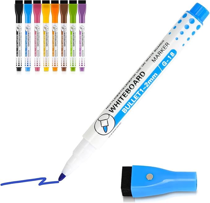 WALGLASS Dry Erase Markers, 8 Count Magnetic Whiteboard Markers with Eraser, Fine Tip For Writing on White Board, Dry Erase Calendar Board, Fridge Calendar for School Office Home - 8 Colors