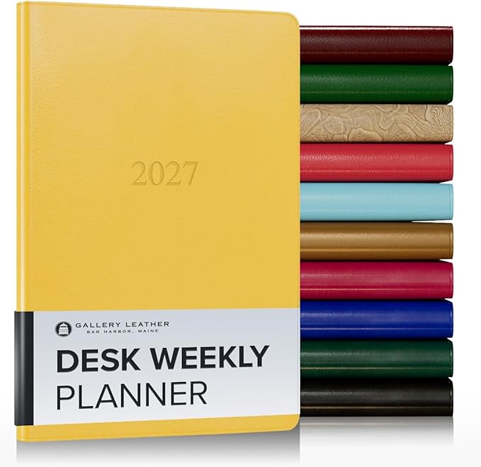 Gallery Leather Desk Weekly Monthly Planner 2027, Elegantly Bound Calendar Planner and Notebook with Stylish Gold-Gilded Page Edges, 12 Months - Caribbean Yellow - 8x5.5"