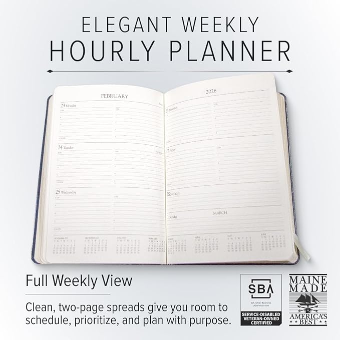 Gallery Leather Desk Hourly Weekly Monthly Planner 2025-2026, Elegantly Bound Calendar Planner and Notebook with Stylish Gold-Gilded Page Edges, 12 Months - Acadia Navy - 8 x 5.5 "