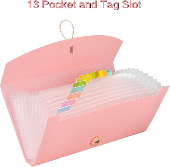 Oak-Pine 13 Pocket Receipt Folder/Accordion File Organizer/Plastic Check Bill File Folder/Expanding File Folder/Expanding Coupon Organizer with Labels/Document Organizer Folder (Pink)