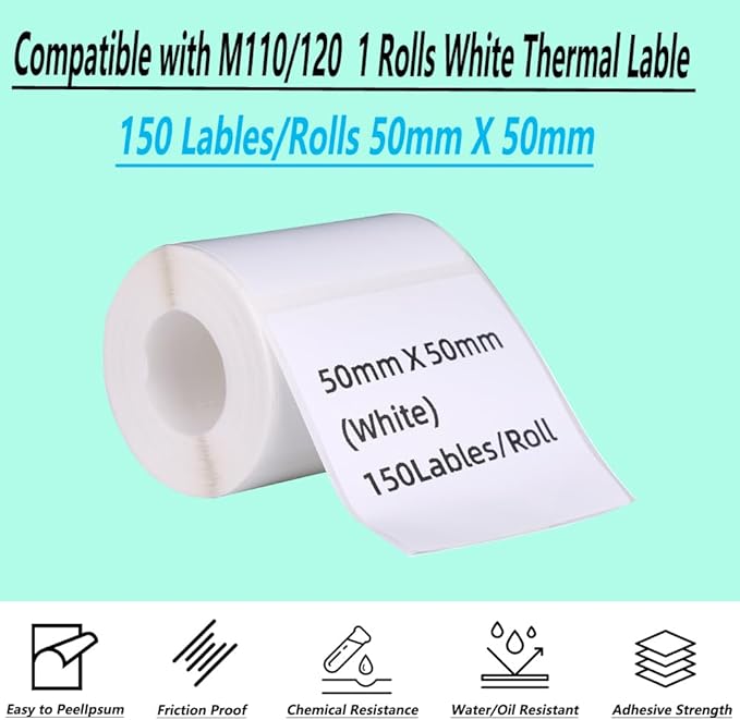 Thermal Stickers Compatible with M110/120 Label Printer 1 Rolls White 1.96”x 1.96'' (50mm x 50mm) Adhesive Labels for School Home (1, 50 * 50mm)