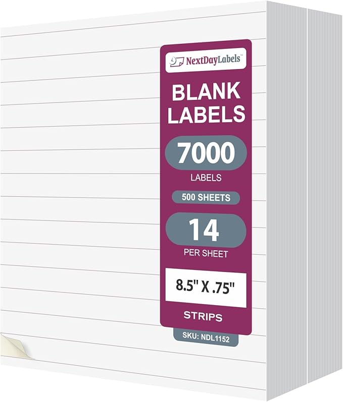NextDayLabels 8.5x0.75 Inch Strip Stickers White Blank Labels for Laser Inkjet Printer - 14 Per Sheet Self-Adhesive Unique Size Label Made in USA - 7,000 Labels