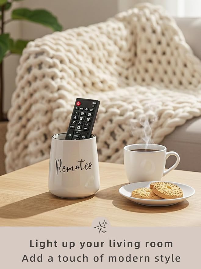 LEETOYI Ceramic Remote Control Holder, 4.1" Remote Caddy Storage, Makeup Brush Holder, Media Controllers Organizer for Living Room, Table, Bedroom & Office (White)