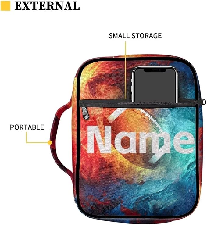 Coldinair Custom Bible Cover for Kids Boy Personalized Bible Case Bible Carrier Carrying Organizer Purse Handbag with Zipper Pockets Church Bag,Soccer Fire Flame