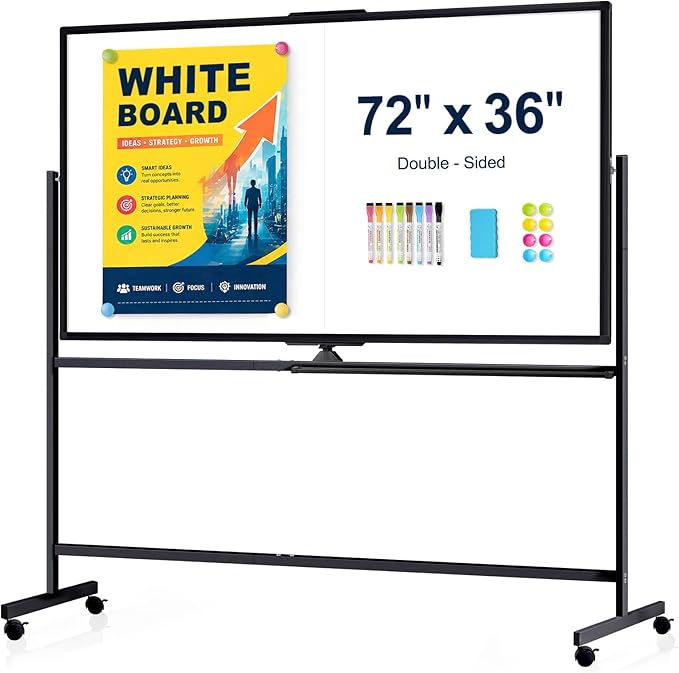 Large Rolling Whiteboard with Stand, 72" x 36" Double-Sided Mobile White Board Dry Erase, Giant Magnetic Dry Erase Board on Wheels for Office, Home & School,Black Frame