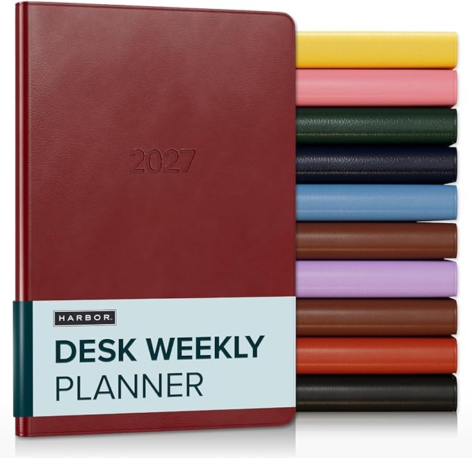 Harbor Desk Weekly Monthly Planner 2027 - Calendar Planner and Notebook, Durable Faux Leather, 192 Pages, Softcover & Book Bound - Cambridge Red - 8x5.5"