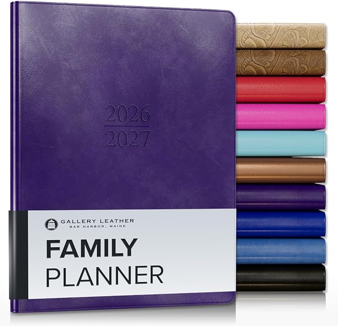 Gallery Leather Family Planner 2027, for moms, Elegantly Bound Calendar Planner and Notebook with Stylish White Page Edges, 18 Months - Acadia Plum - 9x7"