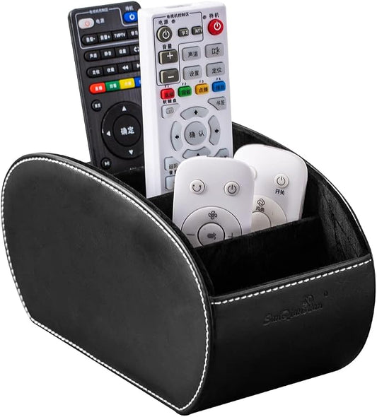 BONNY DODO PU Leather Multi-Functional Office Organizar Box Remote Control Holder Desk Storage Suppliers Caddy Table with 5 Compartment Store TV Remote, Brush, Pencil, Glasses, Media Player (Black)