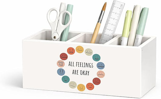 Emotions Desk Organizer, Wooden Pen Holder with Colorful Faces Design, Cute Pencil Storage, Office and School Desk Supplies